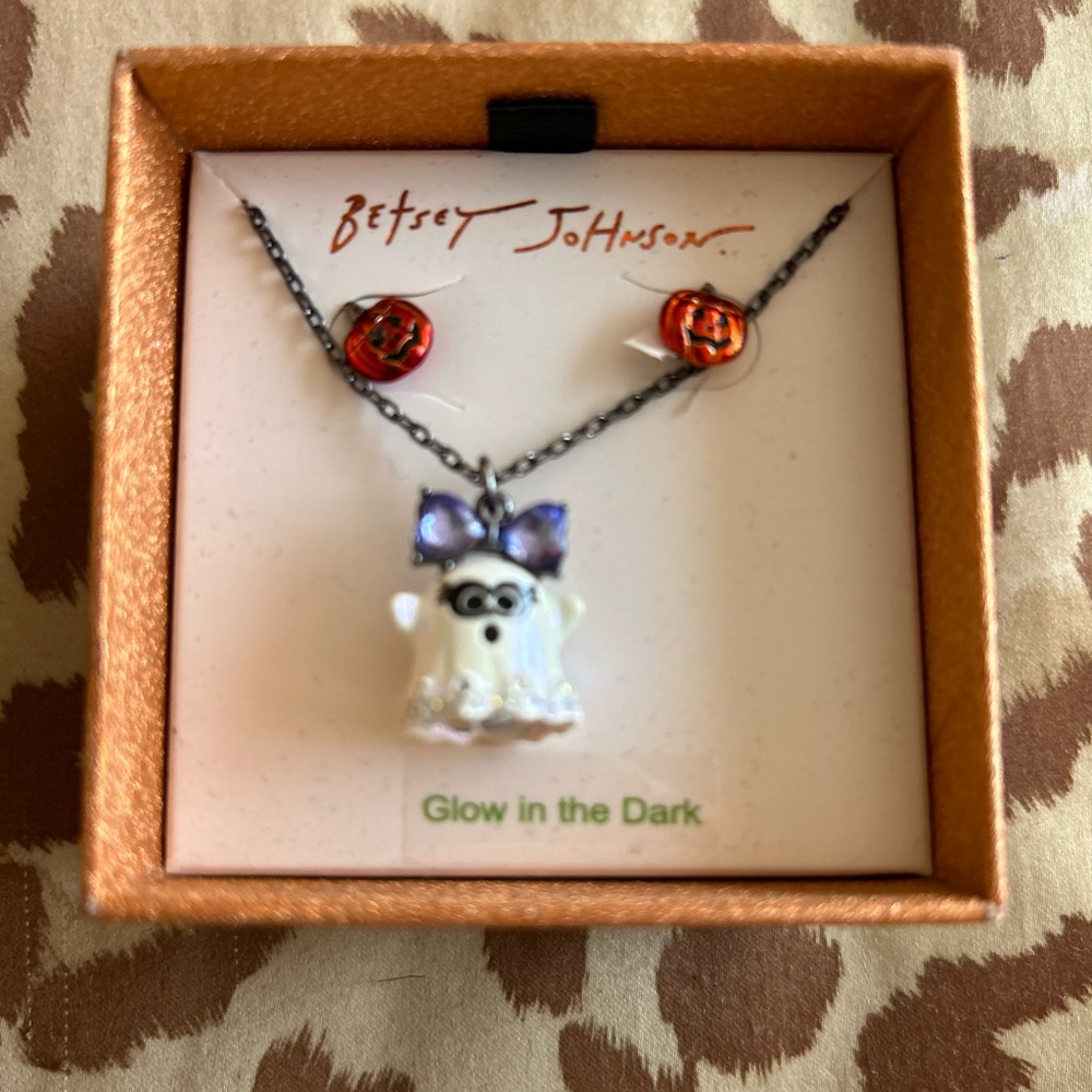 Betsey Johnson jack-o-lantern earrings and ghost necklace set